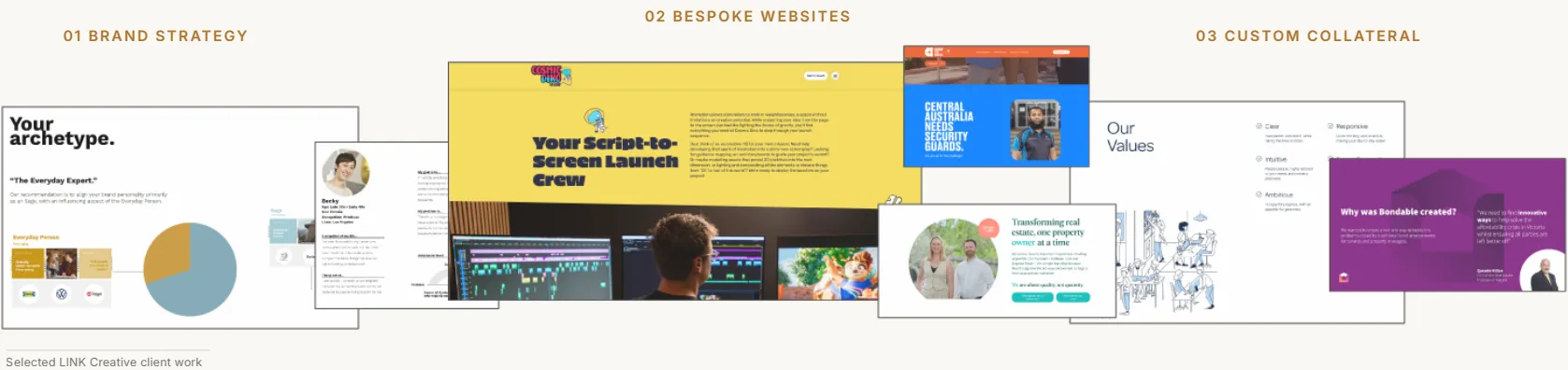 Selected LINK brand strategy, bespoke websites and custom collateral.