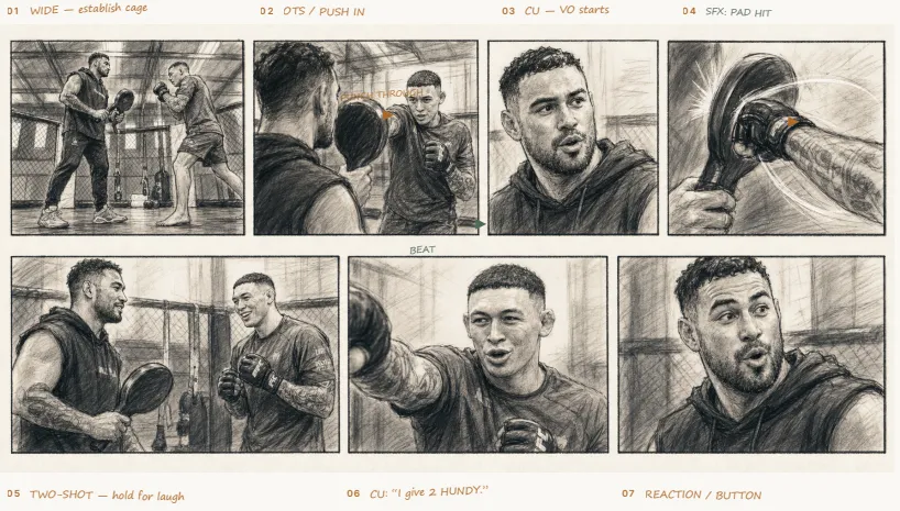 Seven-frame storyboard for the 2 Hundy campaign.