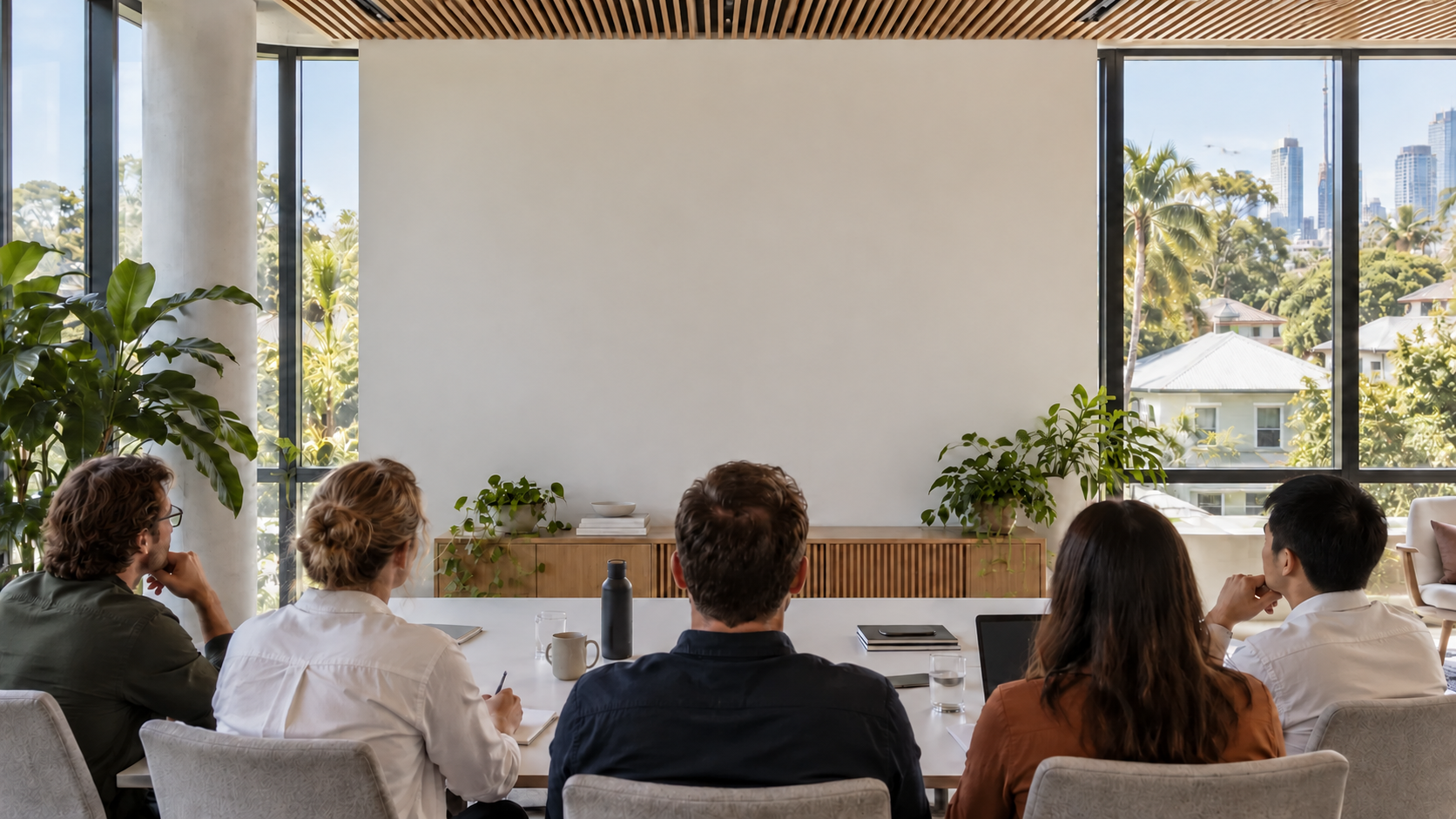 A creative team watching a presentation in a bright Australian studio