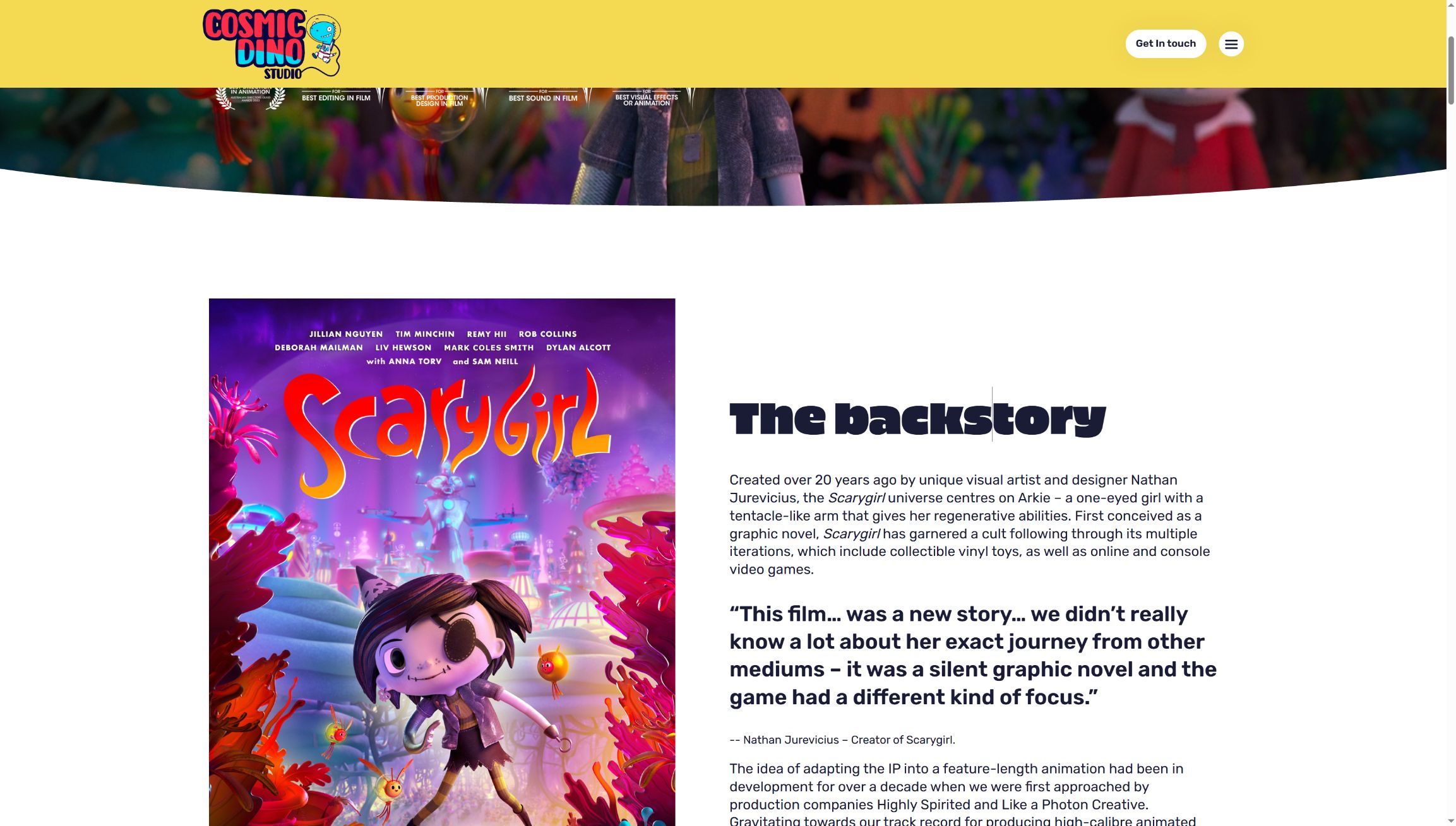 The backstory section of the Scarygirl case study on Cosmic Dino’s current website
