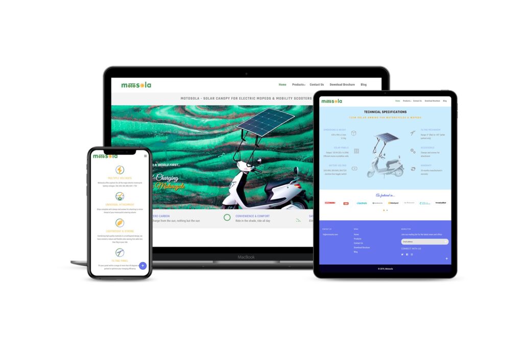 Motosola website and solar canopy product shown across devices