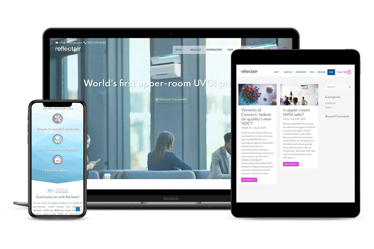 Reflectair website shown on desktop, tablet and phone