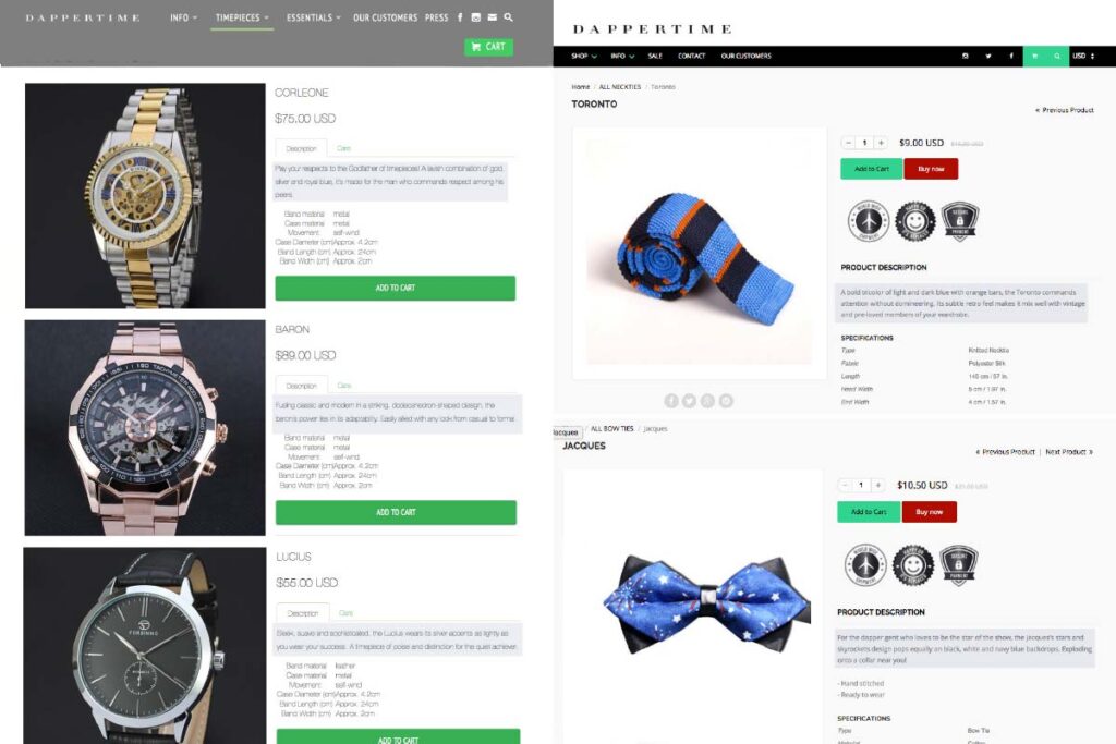 DapperTime product descriptions and ecommerce pages