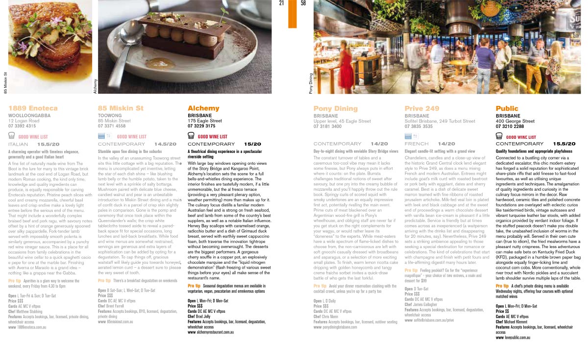 Selected restaurant reviews in the Brisbane Times Good Food Guide